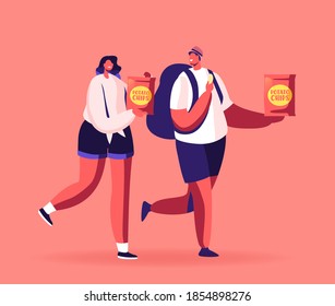 Male and Female Characters Eating Potato Chips in Package. Fast Food with High Level of Carbs and Calories, Unhealthy Nutrition, People Enjoying Vending Machine Snack. Cartoon Vector Illustration