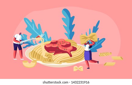 Male and Female Characters Eating Spaghetti Pasta with Tasty Sauce from Huge Plate, with Dry Macaroni of Various Kinds around. Italian Cuisine, Healthy Food Menu, Cartoon Flat Vector Illustration