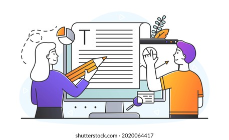 Male and female characters editing online document together. Blogger, copywriter, journalist. Editor work. Concept of creative writing and storytelling, copywriting. Flat cartoon vector illustration