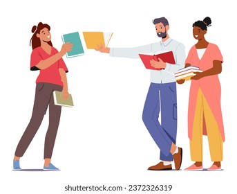 Male and Female Characters Engaging Book Swap. Community Of Avid Readers Sharing Literary Treasures, Exchanging Stories, And Connecting Through The Magic Of Books. Cartoon People Vector Illustration