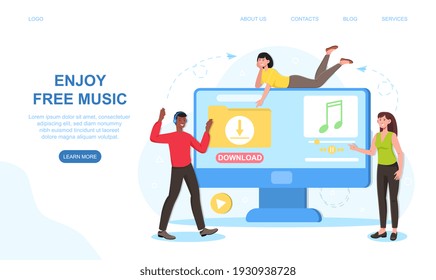 Male and female characters are enjoing free music on website. Young people streaming music online together. Website, web page, landing page template. Flat cartoon vector illustration