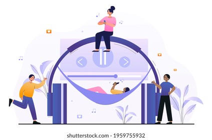 Male and female characters are enjoing listening to music. Young men and women are using music application to stream their favourite music. People next to headphones. Flat cartoon vector illustration