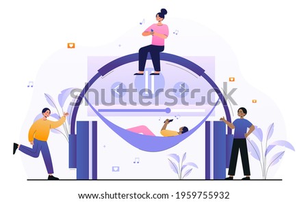 Male and female characters are enjoing listening to music. Young men and women are using music application to stream their favourite music. People next to headphones. Flat cartoon vector illustration