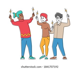 Male and Female Characters Enjoying Holidays Celebration Holding Sparklers in Hands. Happy Friends Celebrate Christmas or New Year Holidays, Festive Event Concept. Linear People Vector Illustration