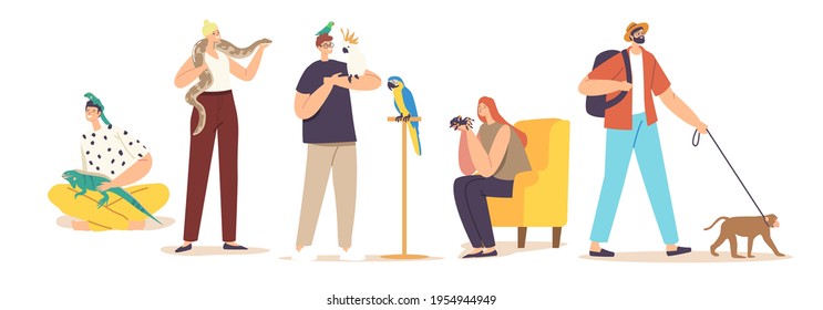 Male and Female Characters with Exotic Pets Lizard, Snake, Monkey and Spider with Parrot. People Care of Tropical Animals, Birds and Insects. Human and Wild Creatures. Cartoon Vector Illustration