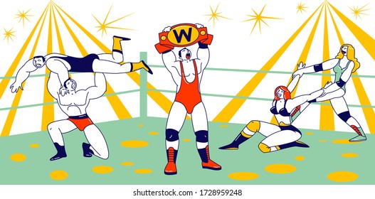 Male and Female Characters Fighting on Wrestling Competition. Men and Women Athletes Performing Sports Show on Arena. Winner Demonstrate Belt Holding above Head. Linear Vector People Illustration