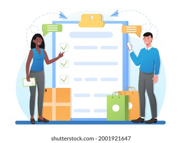 Male and female characters are filling in shopping checklist together. Concept of international delivery details, customer information, user experience, shipping cost. Flat cartoon vector illustration