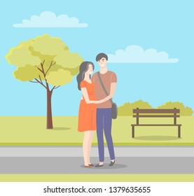 Male and female characters in flat style walking in summer or spring park, bench and trees. Vector guy with bag over shoulder and brunette girl in red dress