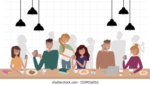 Male and Female Characters Freelancers Sitting at Tables Drinking Beverages and Using Gadgets. Coffeehouse with People.