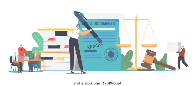 Male and Female Characters Get Notary Professional Service Concept. People Visit Lawyer Office for Signing Legal Documents. Tiny Secretary with Huge Pen Sign Documentation. Cartoon Vector Illustration