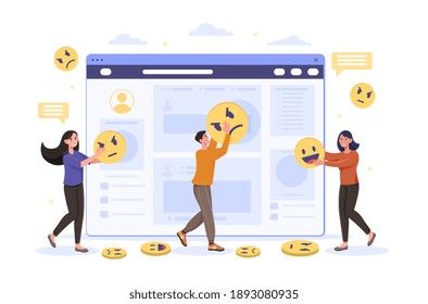 Male and female characters giving positive and negative feedback. Concept of satisfaction rating and leaving review. Customer service leaving review on website. Flat cartoon vector illustration