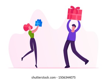 Male and Female Characters Giving Presents to Each Other on Winter Holidays or Birthday Celebration. Festive Event with Gifts. Happy Loving Couple or Friends Greetings. Flat Vector Illustration