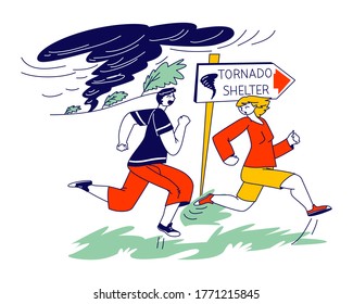 Male and Female Characters Got into Tornado Windbreak. People Escape Nature Destruction Power Running to Shelter for Saving Life at Dangerous Weather, Twister Strong Wind. Linear Vector Illustration