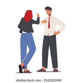 Male and Female Characters Greeting Each Other Hitting with Elbows. Alternative Noncontact Greetings, Social Distancing Concept with Friends or Colleagues. Cartoon People Vector Illustration