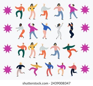 Male and female characters. A group of happy dancing people.  Cartoon flat vector illustration of dancing people