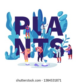 Male and Female Characters Growing and Caring of Plants Concept. Scientists, Gardening People Learn Plants Properties for Human Life. Poster, Banner, Flyer, Brochure. Cartoon Flat Vector Illustration