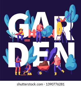 Male and Female Characters Growing, Planting and Caring of Trees in Garden Concept. Gardening People Put Sprout on Soil, Cut Branches. Poster, Banner, Flyer, Brochure. Cartoon Flat Vector Illustration