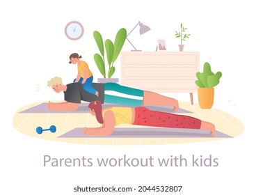 Male and female characters are happy to workout with their little child at home on white background. Concept of indoor excercising with the whole family at home. Flat cartoon vector illustration