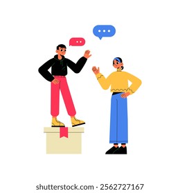 Male And Female Characters Having A Conversation On Podium With Gift Box In Flat Vector Illustration Symbolizing Communication, Debate, And Celebration, Isolated On White Background.