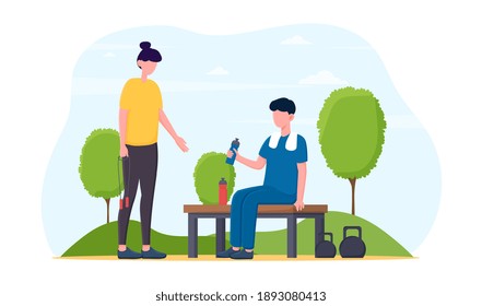 Male and female characters having a rest after training together. Sportsmen hydrating after training outdoors. Concept of athletic people, sport healthy lifestyle. Flat cartoon vector illustration