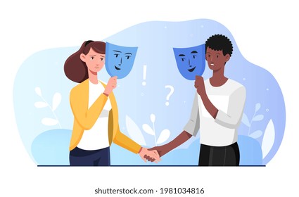 Male and female characters are hiding emotions behind masks. Face expressions in relationship communication. Fake social identity and hiding inner personality traits. Flat cartoon vector illustration