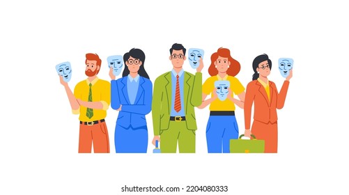 Male and Female Characters Hiding Faces Behind Social Masks With Fake Positive Emotions. Business Men and Women Disguising Real Emotions and Feelings. Cartoon People Vector Illustration