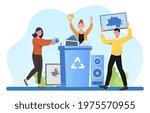 Male and female characters holding electronic devices near a bin with recycle symbol. Concept of electronic waste recycling, and reuse of electrical equipment. . Flat cartoon vector illustration