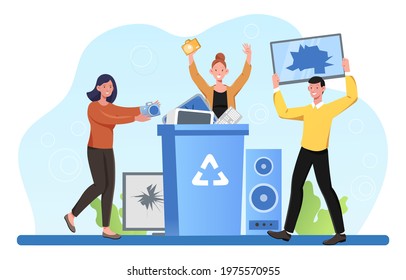 Male and female characters holding electronic devices near a bin with recycle symbol. Concept of electronic waste recycling, and reuse of electrical equipment. . Flat cartoon vector illustration