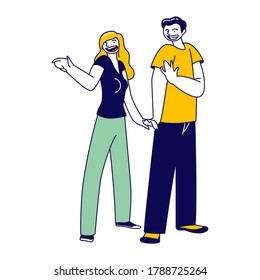 Male and Female Characters Holding Hands Making Follow Me Gesture. Followers Attraction, Internet Society Trend, Invitation for Social Media Blog, Youth Movement. Linear People Vector Illustration