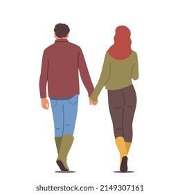 Male and Female Characters Holding Hands Rear View. Loving Couple Romantic Relations. Man and Woman Walking, Happy Lovers Dating, Love Feelings, Romance Emotions. Cartoon People Vector Illustration