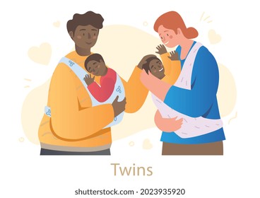 Male and female characters are holding newborn twins in slings on white background. Happy family is taking good care of sleeping twin babies. Parents and kids. Flat cartoon vector illustration