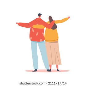 Male and Female Characters Hug Rear View. Love, Friendship, Connection, Romance Feelings Concept. Happy Man and Woman Embracing and Hugging Back View, Loving Couple. Cartoon People Vector Illustration