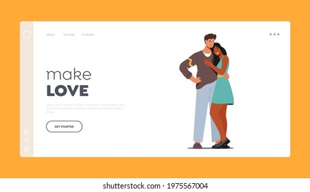 Male and Female Characters Hugging Landing Page Template. Loving Couple Romantic Relations. Man and Woman Embrace Each Other, Happy Lovers Dating, Cuddle and Love. Cartoon People Vector Illustration