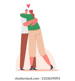 Male and Female Characters Hugging. Loving Couple Romantic Relations. Man and Woman Embrace Each Other, Happy Lovers Dating, Love Feelings, Romance Emotions. Cartoon People Vector Illustration