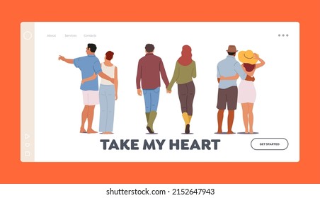 Male and Female Characters Hugging Rear View Landing Page Template. Young Loving Couples Romantic Relations. Man and Woman Embrace Each Other, Dating, Love, Romance. Cartoon People Vector Illustration