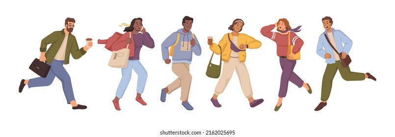 Male and female characters hurrying up, isolated people in rush. Running and moving quickly and fast, person with bag on shoulder, student and teenagers. Vector in flat style illustration