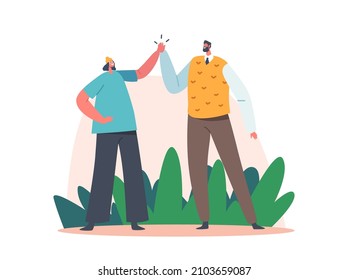 Male and Female Characters Informal Greetings, Happy People Giving High Five Isolated on White Background. Cheerful Friends and Colleagues Happiness, Joy Expression. Cartoon People Vector Illustration