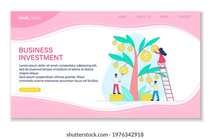 Male and female characters are investing money in business together. Group of people holding coins growing on tree. Website, web page, landing page template. Flat cartoon vector illustration