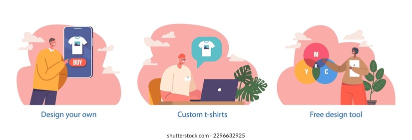 Male And Female Characters Isolated Elements. Graphic Designers Choose Color On Cmyk Palette And Create Design On Laptop