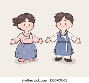 Male and female characters in Korean traditional costume. Cute figures illustration