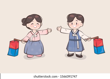 Male and female characters in Korean traditional costume. Cute figures illustration