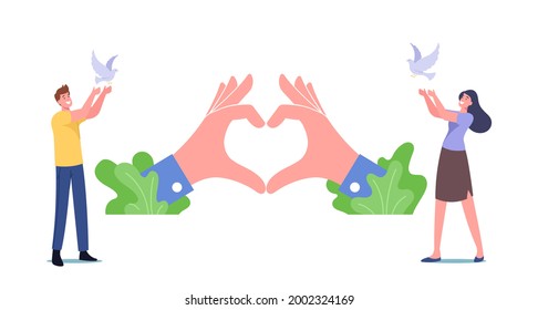 Male and Female Characters Let Go White Doves in Air. International Day of Peace, Hope, Worldwide Antiwar Campaign, Humanity Concept. People with Pigeons and Heart Symbol. Cartoon Vector Illustration