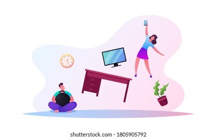 Male And Female Characters In Living Room With Zero Gravity Flying Furniture, Tv Set And Table, Man Holding Dumbbell For Antigravity, Woman With Mobile Fly In Air. Cartoon People Vector Illustration