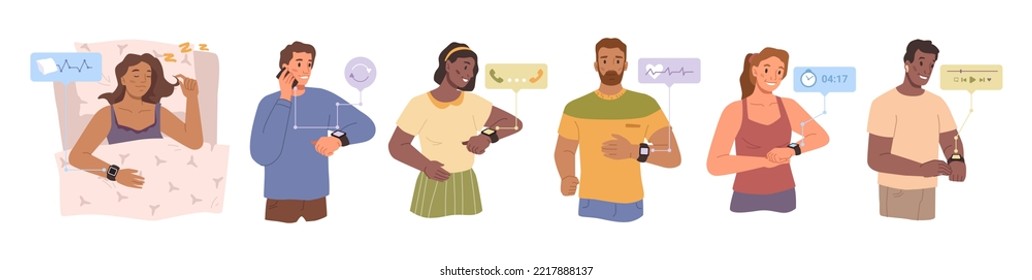 Male and female characters looking at smartwatches, people set. Statistics and analysis of sleep, number of steps and heartbeats. Flat cartoon character, vector in flat style