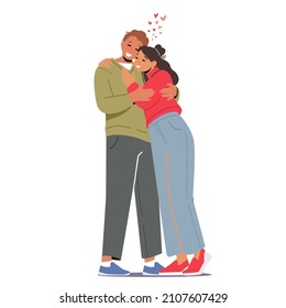 Male and Female Characters Love, Connection, Romance Feelings Concept. Happy Man and Woman Embracing and Hugging. Loving Couple Romantic Relations. Lovers Dating. Cartoon People Vector Illustration