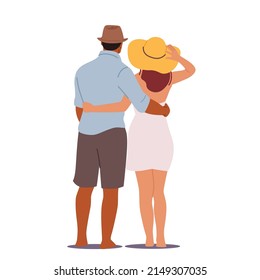 Male and Female Characters Love, Connection, Romance Feelings Concept. Happy Man and Woman Embracing and Hugging Rear View. Loving Couple Romantic Relations, Dating. Cartoon People Vector Illustration