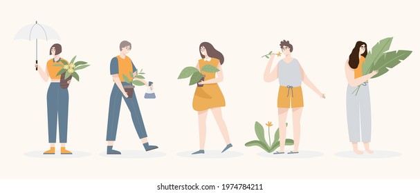 Male and female characters love flowers and plants. They enjoy this hobby and do gardening at home. vector illustration flat design