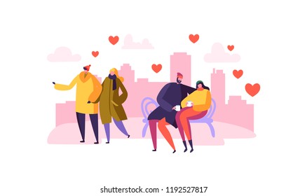 Male and Female Characters in Love. Happy Couples Romantic Day in the City. Valentines Card with People in Love. Vector illustration