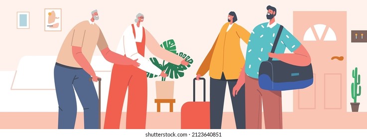 Male and Female Characters with Luggage Come to Visit Old Parents or Grandparents in their Home. Happy Family Meeting, Children Meet Mother and Father. Cartoon People Vector Illustration
