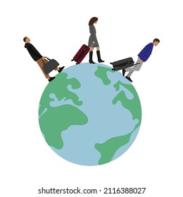 Male and female characters with luggage are walking around the globe on a white background
